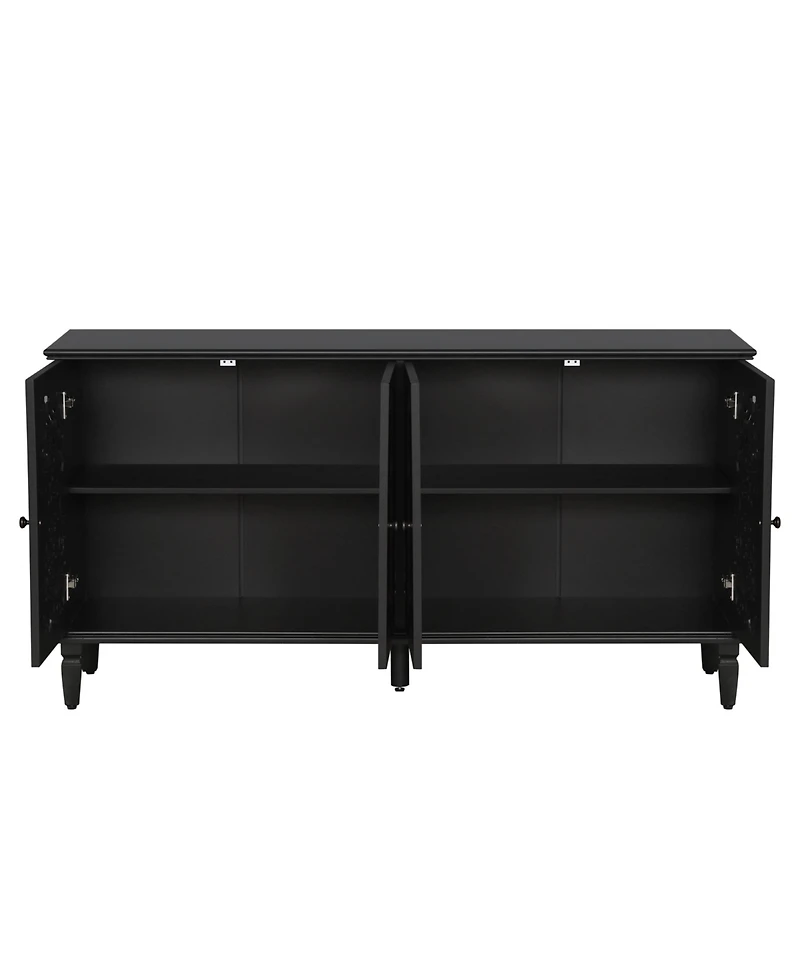 Streamdale Furniture 60" Antique Black Buffet Cabinet - Floral Carvings, Solid Wood Legs