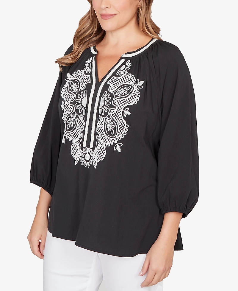 Ruby Rd. Plus Embroidered Soft Poplin Peasant 3/4 sleeves Top