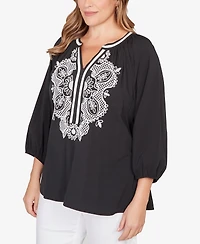 Ruby Rd. Plus Embroidered Soft Poplin Peasant 3/4 sleeves Top