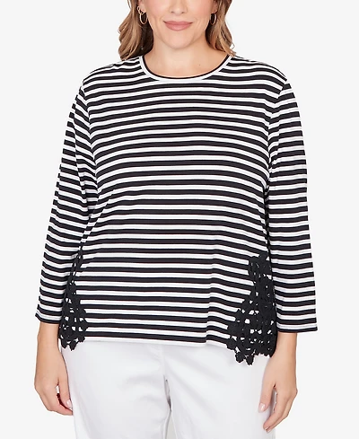 Ruby Rd. Plus Crew Neck Stripe Cotton Lace Applique Top