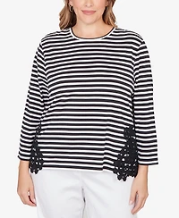 Ruby Rd. Plus Crew Neck Stripe Cotton Lace Applique Top