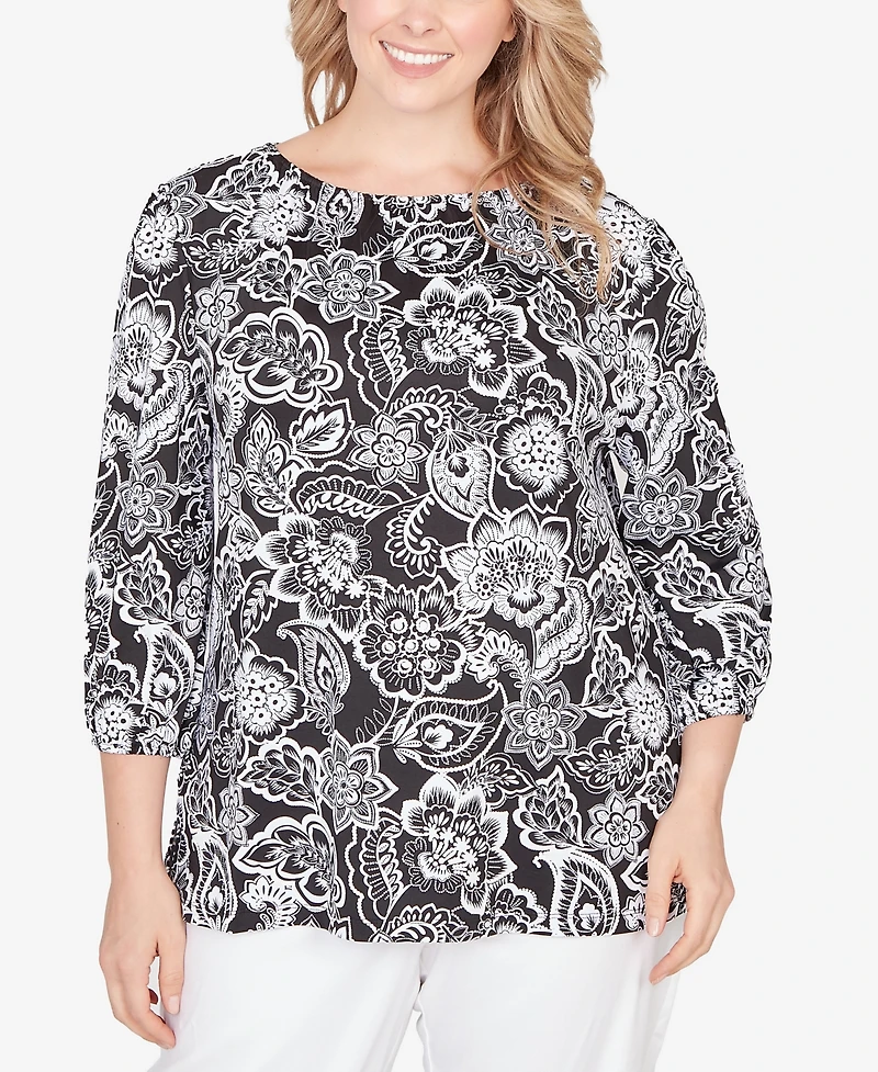 Ruby Rd. Plus 3/4 sleeves Dotted Floral Puff Print Knit Top