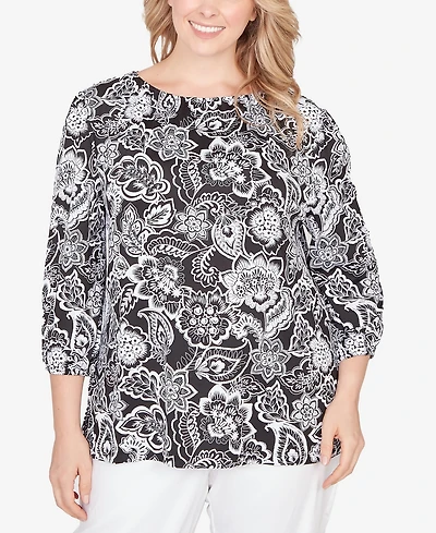 Ruby Rd. Plus 3/4 sleeves Dotted Floral Puff Print Knit Top