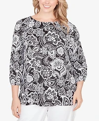 Ruby Rd. Plus 3/4 sleeves Dotted Floral Puff Print Knit Top