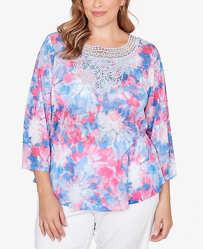 Ruby Rd. Plus Scoop Neck Embellished Floral Sublimation Top