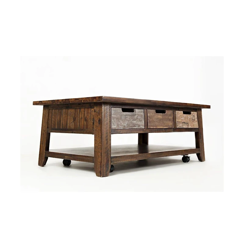 Jofran Rustic Solid Acacia 50" Coffee Table with Pull Through Drawers and Caster Wheels