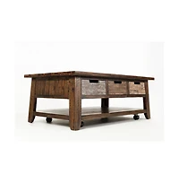 Jofran Rustic Solid Acacia 50" Coffee Table with Pull Through Drawers and Caster Wheels