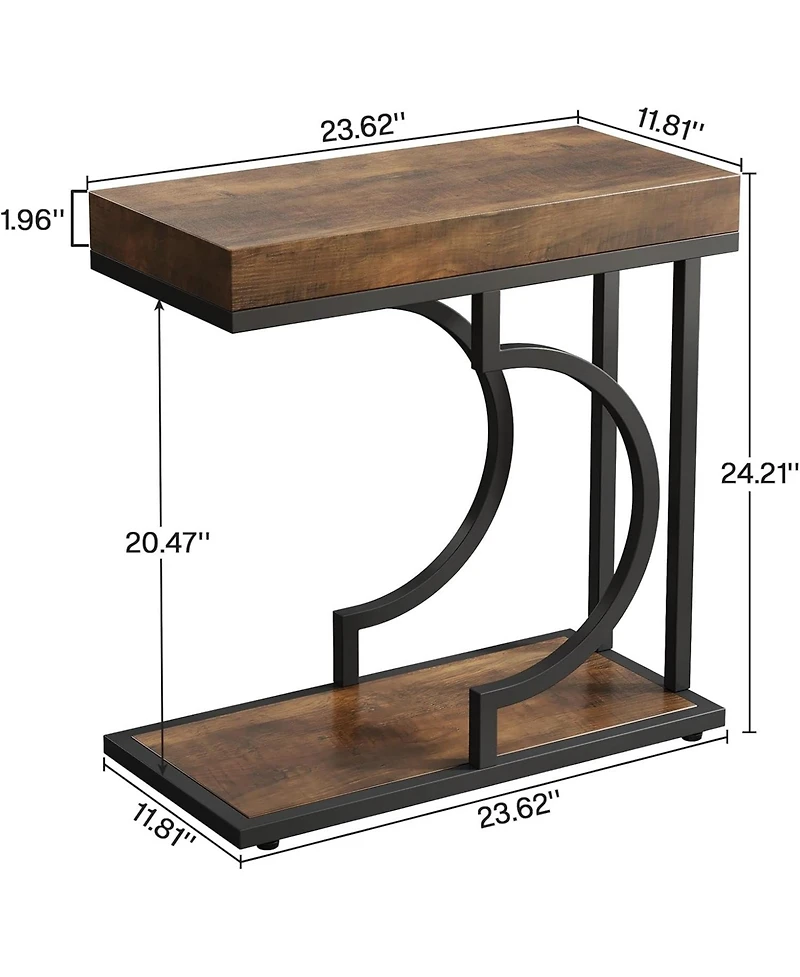 Tribesigns Narrow Side Table, Brown Black C Shaped End Table, Small Sofa Tables with Metal Frame for Living Room