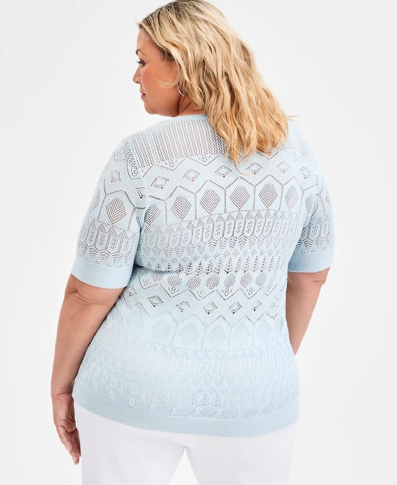 Jm Collection Plus Metallic Pointelle Knit Elbow-Sleeve Sweater, Macy's Exclusive