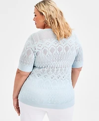 Jm Collection Plus Metallic Pointelle Knit Elbow-Sleeve Sweater, Macy's Exclusive