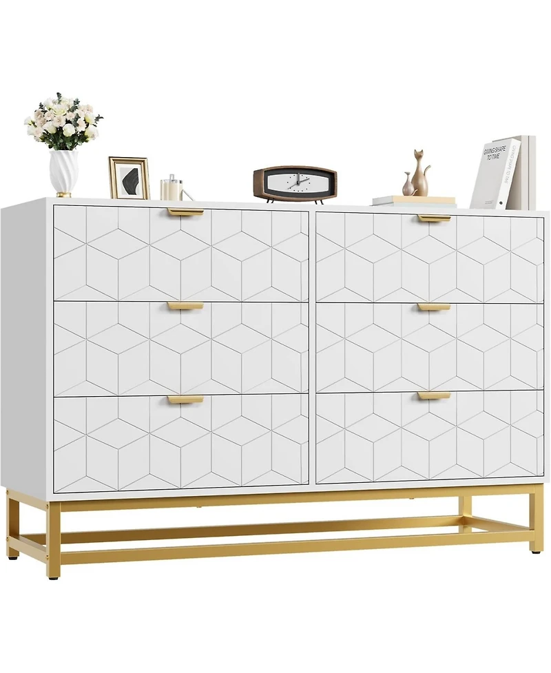 Gaomon 47.2" Wide Modern 6 Drawer Dresser, Wide Chest with Gold Metal Legs & Handles, Wood Storage Organizer for Bedroom, Living Room