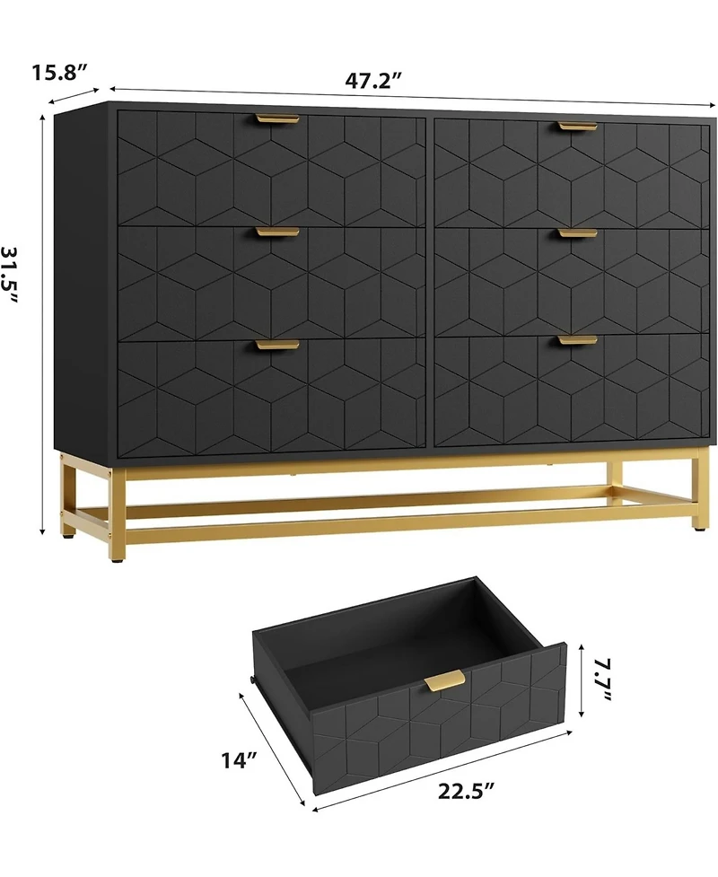 Gaomon 47.2" Wide Modern 6 Drawer Dresser, Chest with Gold Metal Legs & Handles, Wood Storage Organizer for Bedroom, Living Room