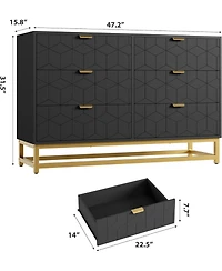 Gaomon 47.2" Wide Modern 6 Drawer Dresser, Chest with Gold Metal Legs & Handles, Wood Storage Organizer for Bedroom, Living Room