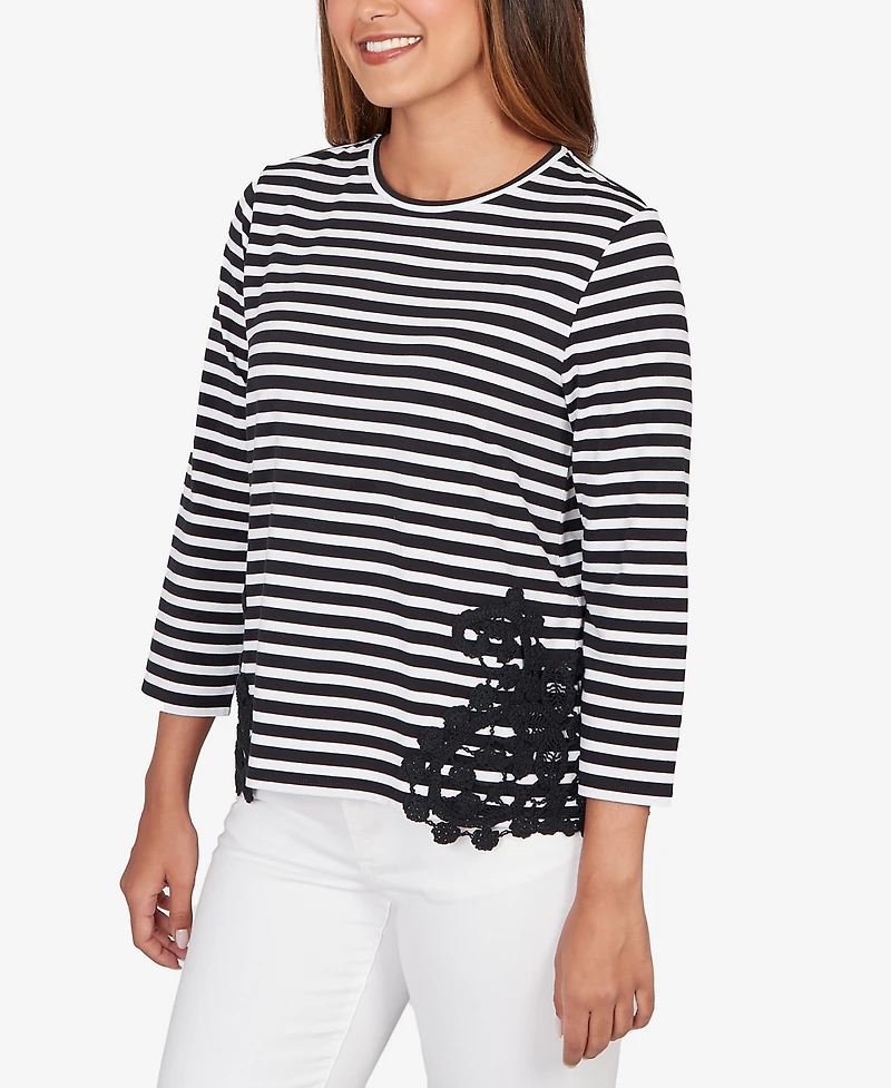 Ruby Rd. Petite Stripe Cotton Lace Applique Top