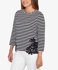 Ruby Rd. Petite Stripe Cotton Lace Applique Top