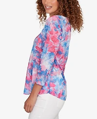 Ruby Rd. Petite Embellished Floral Sublimation 3/4 Sleeve Top