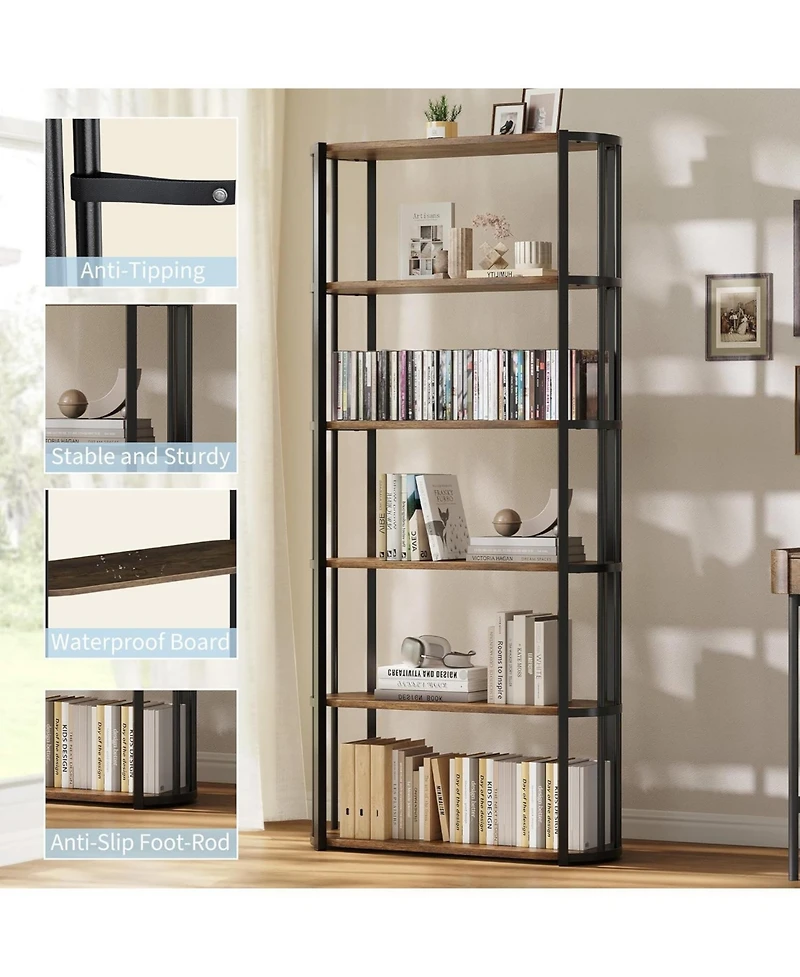 gaomon 6-Tier Wooden Bookshelf, 71" Industrial Tall Bookcase with Metal Frame, Large Open Storage Shelf for Living Room, Bedroom, Office