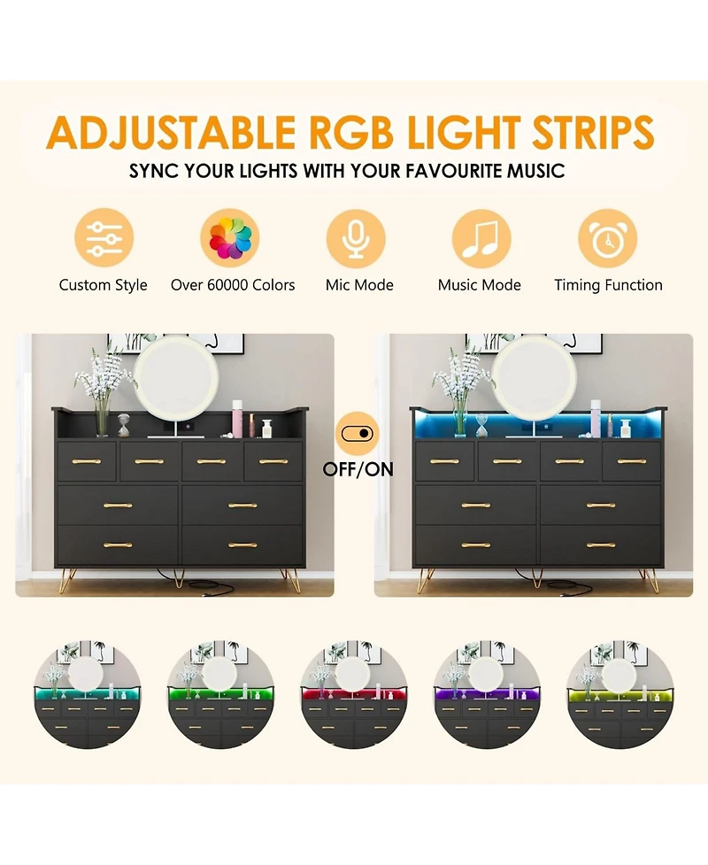gaomon Black Dresser with Power Outlet and Led Lights, Wood 8 Drawer Dresser