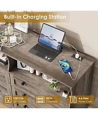 gaomon Modern 6 Drawer Dresser with Power Outlet and Led Light Large Capacity Wooden Storage Chest Tv Stand Dresser with Handles for Bedroom