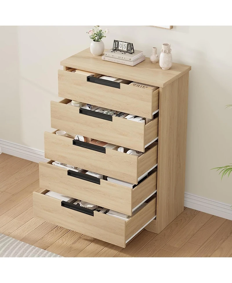 Gaomon Dresser, 5-Drawer, Natural Wood, Embedded Handles, Chest of Drawers Organizer for Bedroom, Living Room, Nursery, Hallway