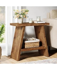 Tribesigns Solid Wood End Table Set of 2, Narrow Small Side Table with 2-Tier Storage