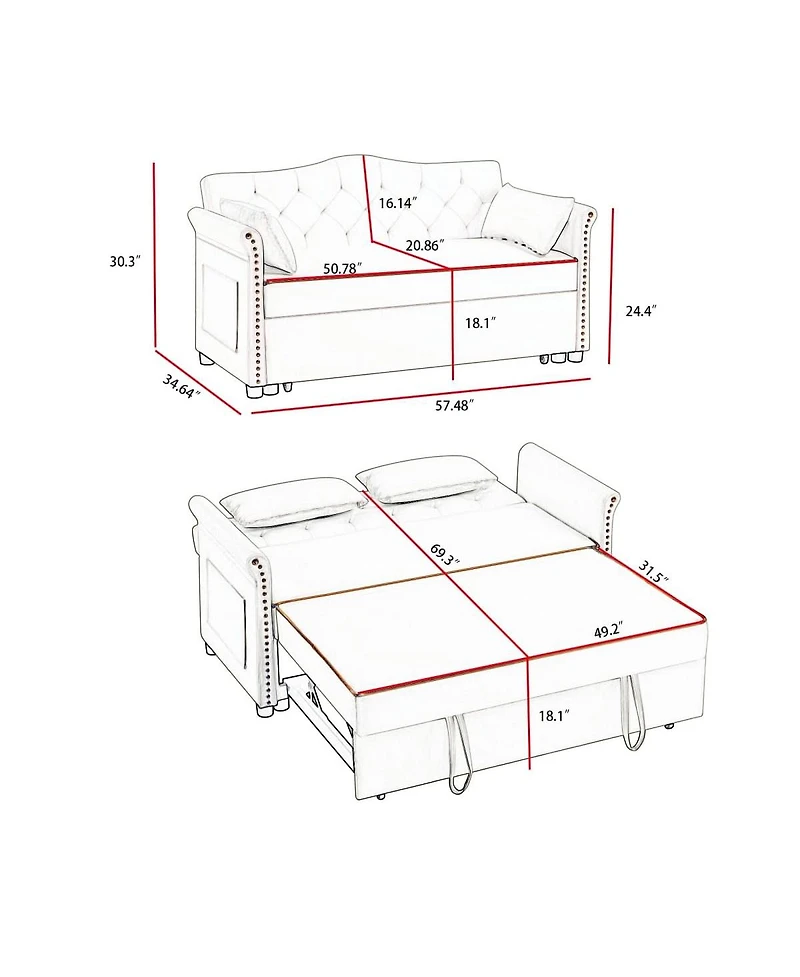 Maison Boucle Velvet Pull Out Sofa Bed with Nailhead Arms, Sleeper Sofa with Tufted Back for Small Spaces, Guest Room, Living Room