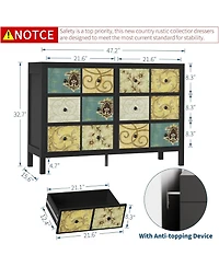 gaomon 6 Drawers Dresser for Bedroom Wood Rustic Chest of Drawers Retro Floral Pattern Drawer