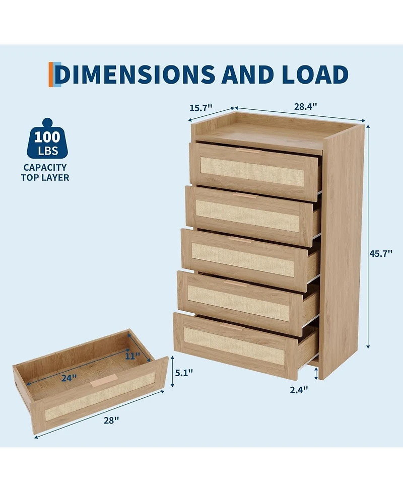 gaomon Rattan 5 Drawers Dresser for Bedroom Chest of Boho Night Stand Large Clothes Storage Cabinet