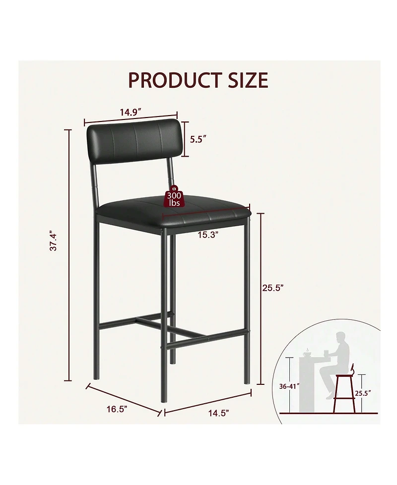 Gaomon Bar Stools Set Of 2, Counter Height Bar Stools With Footrest, Pu Leather Kitchen Barstools, Bar Chairs For Kitchen Island