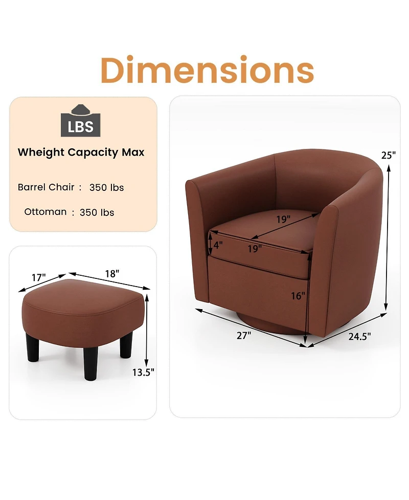 Swivel Barrel Chair with Ottoman Footrest Curved Backrest & Armrests Living Room