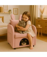 Boyel Living Velvet Pink Bunny-Ear Pet-Friendly Armchair with Built-in Cat & Dog Hideaway, Plush Dual-Use Sofa Chair