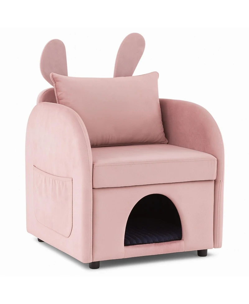 Boyel Living Velvet Pink Bunny-Ear Pet-Friendly Armchair with Built-in Cat & Dog Hideaway, Plush Dual-Use Sofa Chair
