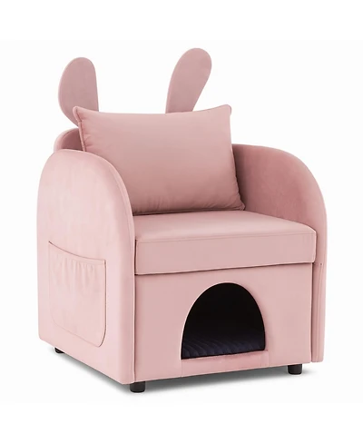 Boyel Living Velvet Pink Bunny-Ear Pet-Friendly Armchair with Built-in Cat & Dog Hideaway, Plush Dual-Use Sofa Chair