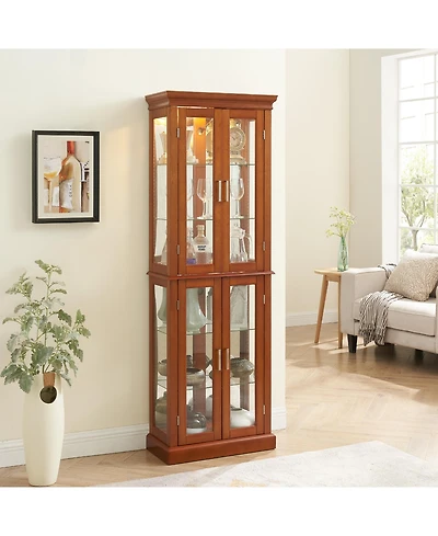 Lovmor Transitional Display Cabinet with Adjustable Shelves Internal Lighting and Mirrored Back Panel