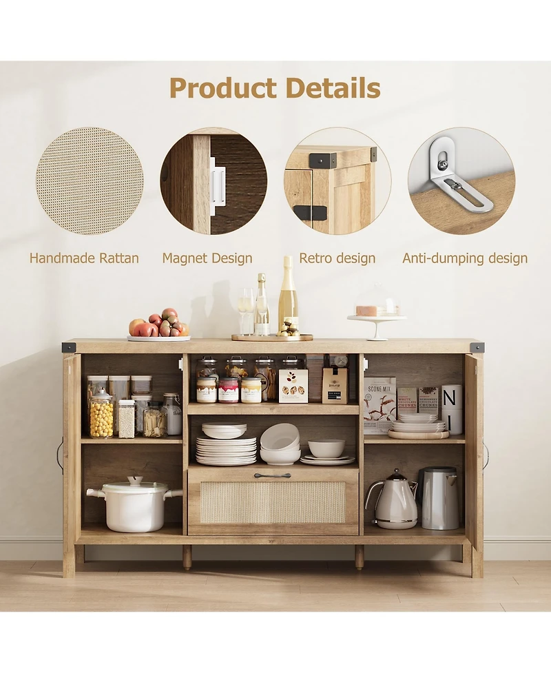 gaomon 47.2" Rattan Sideboard Buffet Cabinet with Storage, Farmhouse Kitchen Buffet Cabinet with Drawer