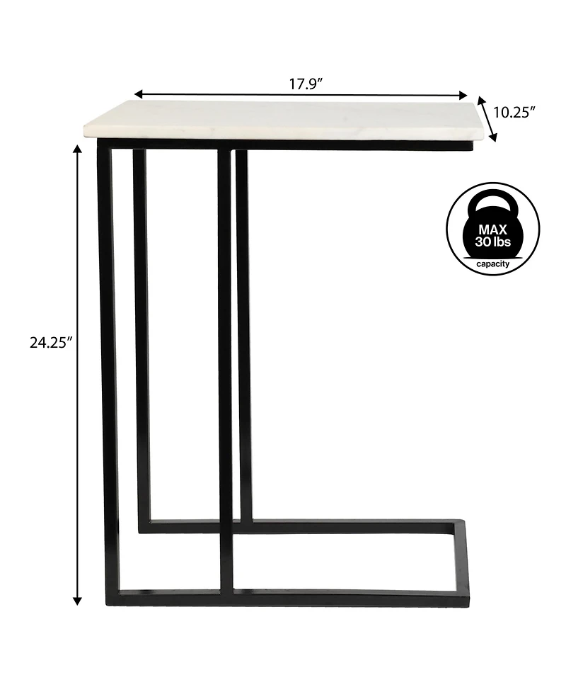 Jonathan Y Caius 24.25" Designer Industrial Metal C-Shaped End Table and Side Couch with White Marble Top