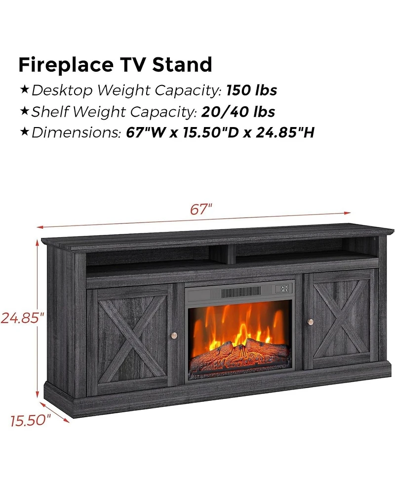 gaomon 67" Fireplace Tv Stand, 23" Color Adjustable Insert, Remote Control, Timer, Wood Media Console with Cabinets