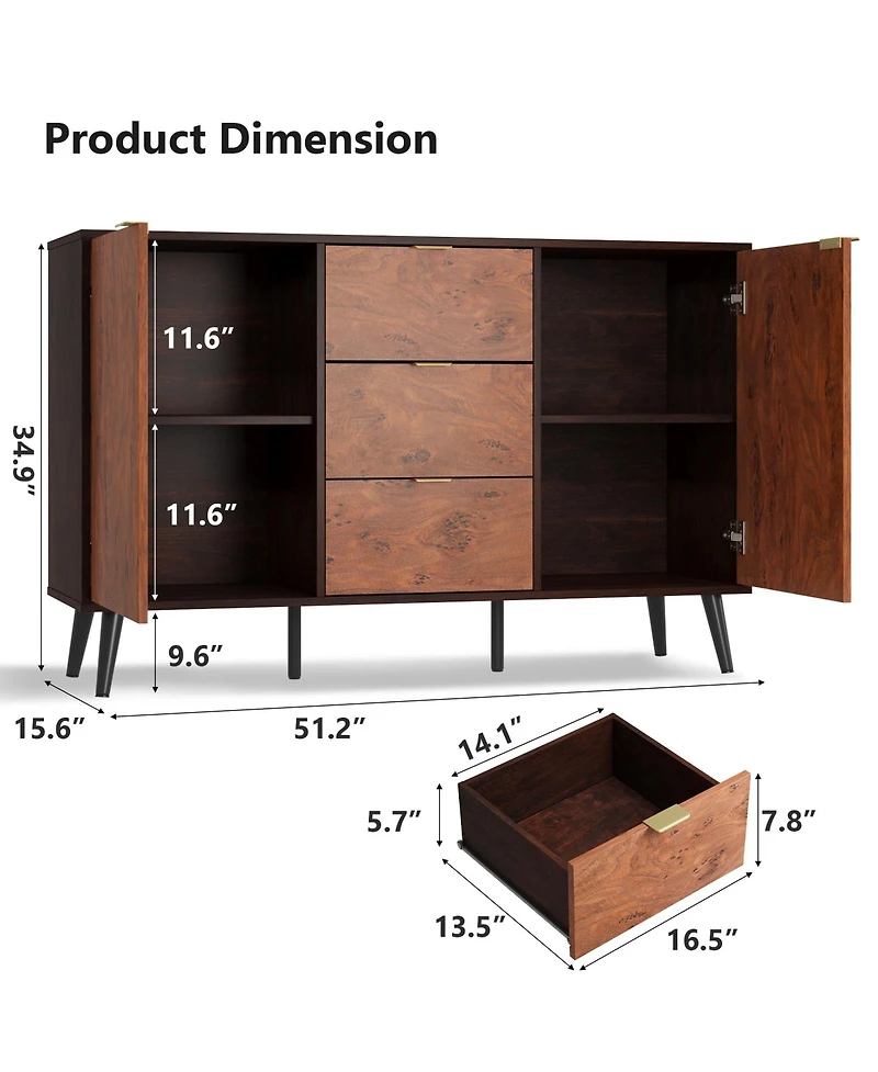 Gaomon Buffet Cabinet with Drawers, 51.2'' Large Sideboard Buffet Credenza Storage Cabinet with Shelves and Doors