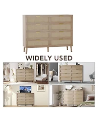 gaomon Rattan 8-Drawer Double Dresser, Modern Wood Storage Chest with Gold Handles for Bedroom, Living Room, Closet, or Entryway