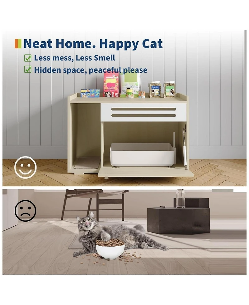 gaomon Modern Litter Box Enclosure Cabinet, Concealed Litter Box with Vent Door/Left Side Storage Drawer