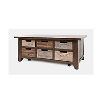 Jofran Rustic Solid Acacia Box Coffee Table with Pull-Through Drawers and Caster Wheels