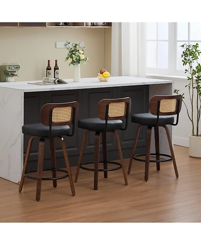 Set of 3 Mid-Century Modern Swivel Bar Stool with Cane Back, Walnut Wood Frame and 360° Swivel Seat