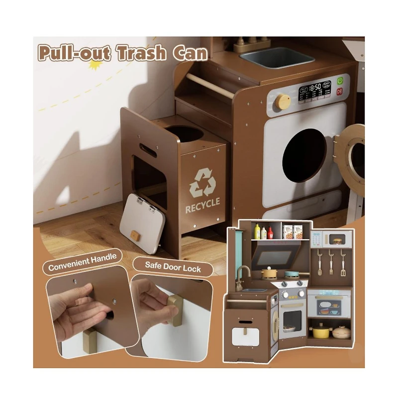 Hongge Corner Kids Play Kitchen with Lights Sounds and Pull Out Trash Bin.