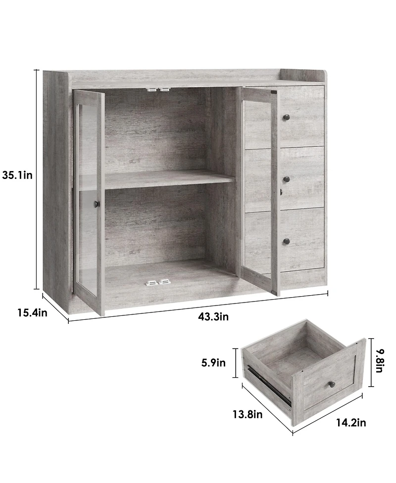 Gaomon Sideboard Buffet Cabinet with Storage, 43" Coffee Bar Glass Doors and 3 Drawers
