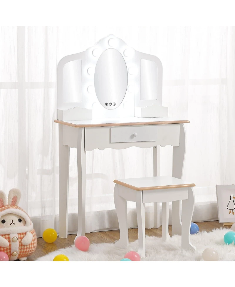 gaomon Kids Vanity with Lighted Mirror, Little Girls Table & Stool, Makeup Tri-Fold Drawer Storage Grid for 3-9 Yrs