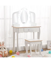 gaomon Kids Vanity with Lighted Mirror, Little Girls Table & Stool, Makeup Tri-Fold Drawer Storage Grid for 3-9 Yrs