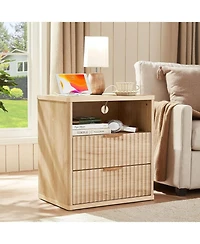 gaomon Fluted Farmhouse Nightstand with Charging Station, 23" Wide 2 Drawers End Table,Natural Dresser for Bedroom,Bed Side Table Chest, Natural