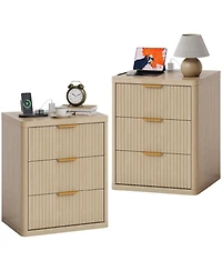 Gaomon Fluted Nightstand Set of 2, Bedside Table Built-in Charging Station, Featuring 3 Drawer & Open Storage Space, Mid Century Modern Night Stand