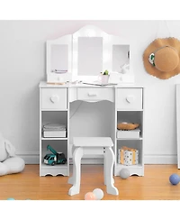 gaomon Kids Vanity Set, 2-in-1 Princess Makeup Table with Tri-Folding Mirror & Drawer, Stool, Toddler Vanity, Pretend Play Vanity Set for Kids