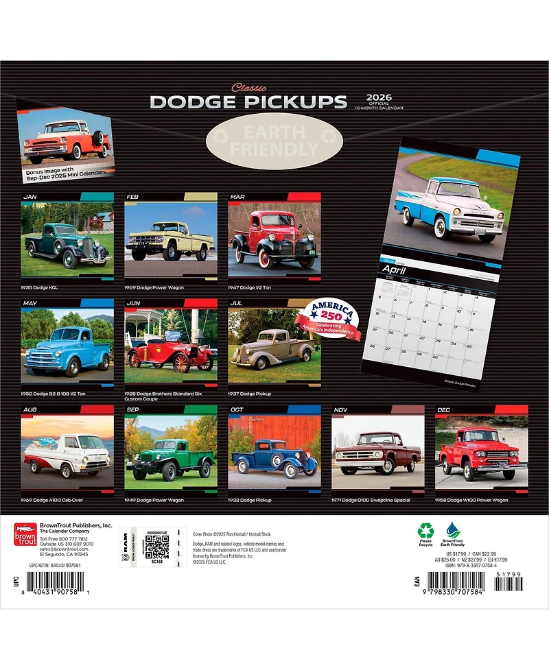 BrownTrout Classic Dodge Pickups 2026 Monthly Wall Calendar, 12" x 24", Hanging, Foil-Stamped Cover, Plastic-Free